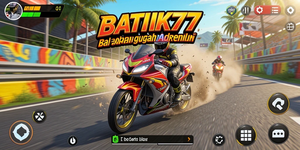 Screenshot gameplay <strong>BATIK77</strong> yang menunjukkan aksi balapan motor yang mendebarkan.