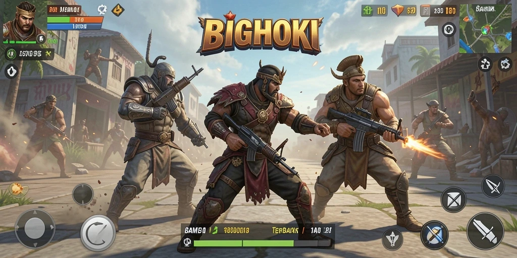 Screenshot utama BIGHOKI menunjukkan aksi luar biasa dalam pertempuran Battle Royale.