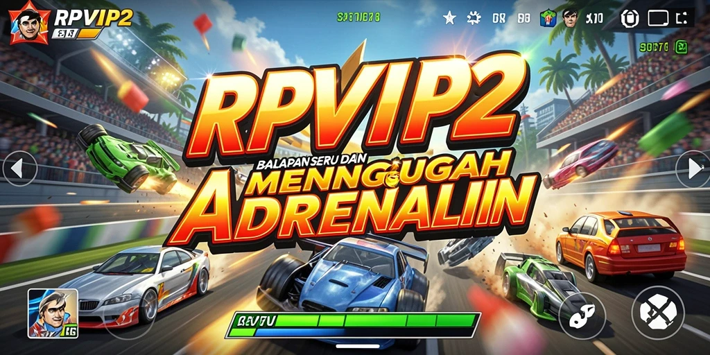 Tampilan gameplay RPVIP2 dengan mobil balap yang cepat dan trek yang menantang.
