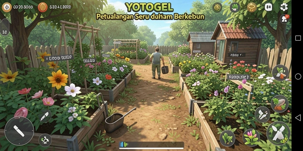 Tampilan screenshot permainan YOTOGEL saat berkebun dengan beragam tanaman.